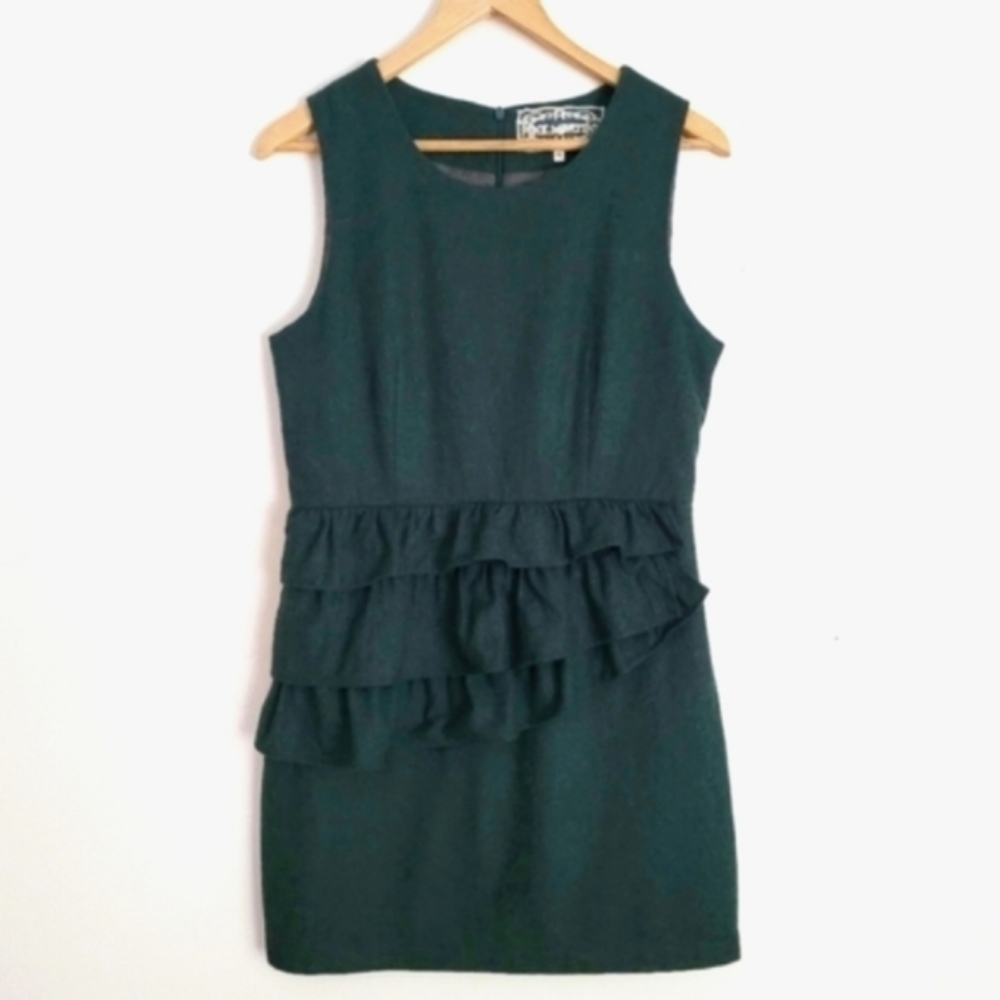 Pink Martini | Forest Green Wool Sleeveless Ruffle Trim Mini Dress - M